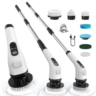 ALPONO Electric Spin Scrubber with Long Handle: Cordless Power Shower Scrubber - Spin Brush with 7 Brush Replacement Heads for Cleaning Bathroom,Tub, Tile, White, ALPONO-A11 - Image 1