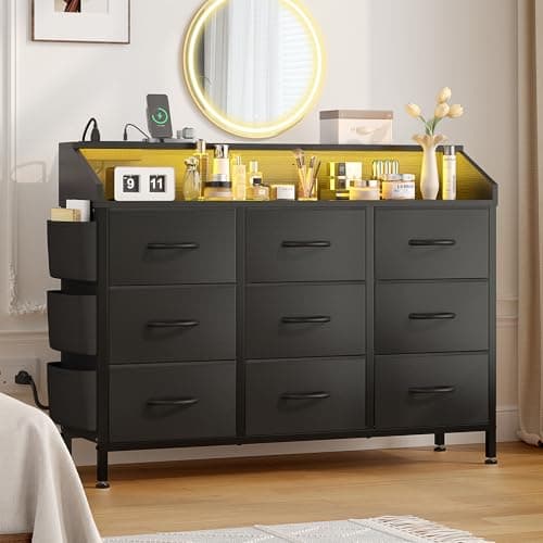 Black TV Stand Dresser for Bedroom 9 Drawers - Fabric Dresser Chest of Drawers for Living Room Hallway Closet (Black PU) - Image 1