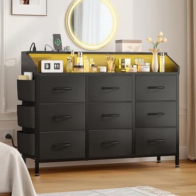 Black TV Stand Dresser for Bedroom 9 Drawers - Fabric Dresser Chest of Drawers for Living Room Hallway Closet (Black PU) - Image 1