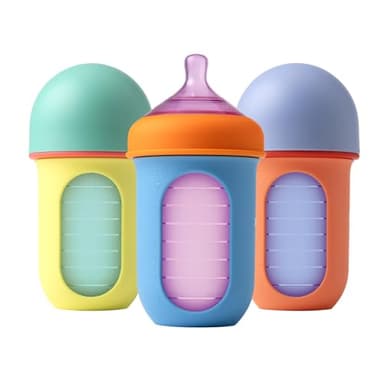 Boon Nursh Reusable Silicone Pouch Baby Bottles - Medium Flow Nipple - Silicone Baby Bottle Pouch and Nipple - Baby Feeding Essentials - Color Block - 3-6 Months - 3 Count - 8 Ounce - Image 1