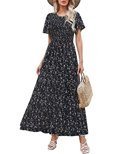 Women Summer Short Sleeve Round Neck Flutter Sleeve Smocked Pleats Ruffle Maxi Floral Dress Black Printed XL - Image 1