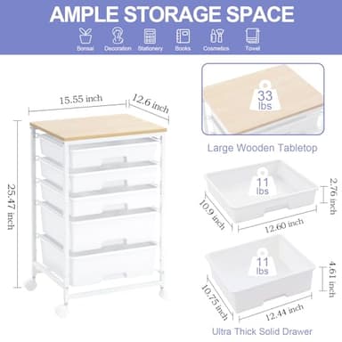 SYKIARIOL Utility Cart with 5 Drawers,Storage Drawer Cart with Wooden Tabletop and Lockable Wheels,Craft Storage Trolley Cart,5-Tier Rolling Utility Cart on Wheels,Bright White - Image 3