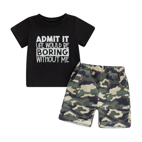 wdehow Toddler Kids Baby Boy Summer Clothes Sets 1T 2T 3T 4T 5T Letter Print Short Sleeve Tops Camouflage Shorts Outfits (A-Black 2, 2-3T) - Image 1