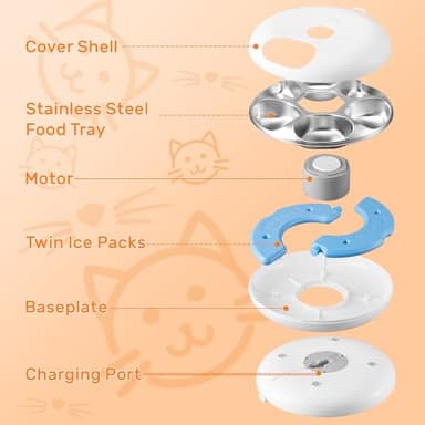 GAMKII Automatic Cat Feeder for Wet Food, 6 Meals Cat Food Dispenser with 2 Ice Packs, Programmable Timer, Rechargeable Cordless Auto Pet Feeder for Cats Small Dogs- Stainless Steel Food Tray, White - Image 8