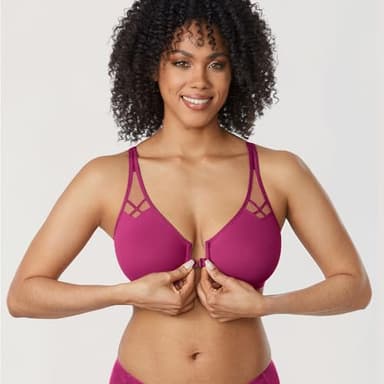DELIMIRA Women's Front Closure Racerback Bras Plus Size Full Coverage Supportive Underwire Plunge Unlined Bra Magenta Purple 36DD - Image 4