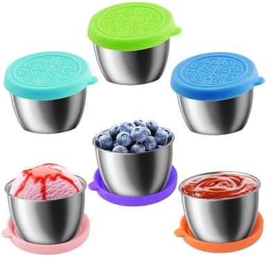 Showvigor 6-Pack 2.4oz Stainless Steel Salad Dressing Cups with Leakproof Lids | Reusable Sauce Containers for Lunch Box, Travel, Picnics & Kitchen Storage – Dishwasher Safe & Eco-Friendly - Image 1