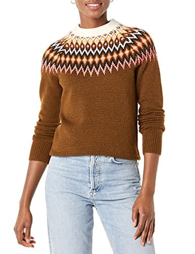 Amazon Essentials Crewneck Sweater for Women, Soft-Touch, Medium Brown Fair Isle Pattern, Small - Image 1