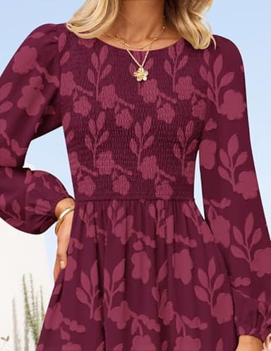 ZESICA Women's Fall Boho Floral Midi Dress 2025 Casual Long Sleeve Crewneck Flowy Wedding Guest Long Dresses,Wine,Medium - Image 8