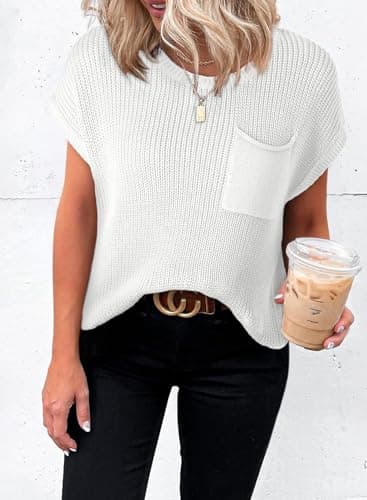 Dokotoo Womens Ladies Cap Sleeve Tunic Tops and Blouses for Women Sweaters Oversized Casual Summer Loose Fitting Short Sleeve Sweater Trendy Shirts Solid T-Shirts White X-Large - Image 2