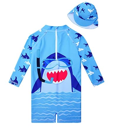 18-24 Months Baby Boys Swimsuit Rash Guard Swimwear Blue Shark Fish Long Sleeve Bathing Suit One-Piece Beach Sunsuit with Sun Hat - Image 2
