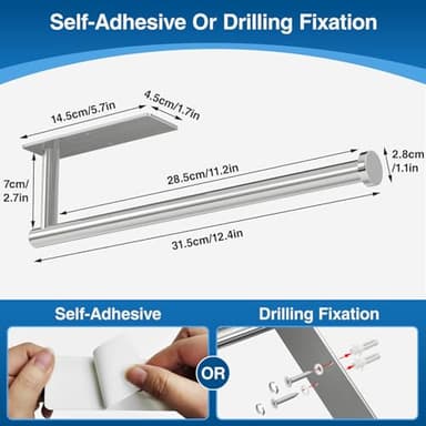 Paper Towel Holder - Self-Adhesive or Drilling, Brushed Nickel, Wall Mounted, SUS304 Stainless Steel Kitchen Roll Dispenser Under Cabinet - Image 5