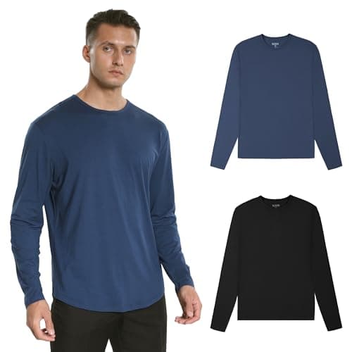 netdraw Men's Ultra-Soft Bamboo Viscose T-Shirt, Curved Hem Lightweight Cooling Cotton Blend Casual Tee, LS Black/Pacific Blue, X-Large - Image 1