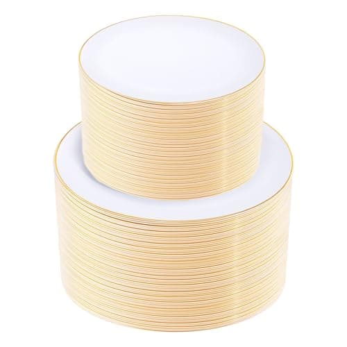 KIRE 200PCS Gold Plastic Plates - Disposable Plates for Party - White Plastic Plates with Gold Rim Include 100 for Dinner and 100 for Dessert/Salad in Wedding/Thanksgiving - Image 1