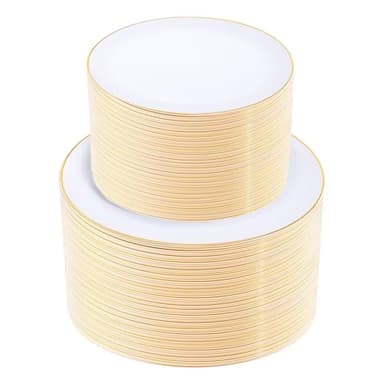 KIRE 200PCS Gold Plastic Plates - Disposable Plates for Party - White Plastic Plates with Gold Rim Include 100 for Dinner and 100 for Dessert/Salad in Wedding/Thanksgiving - Image 1