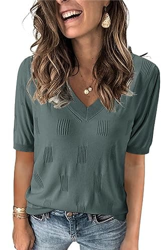 Arach&Cloz Women's Summer Fall Tops 2025 Short Sleeve Plus Size Sweaters V Neck Trendy Fashion Knit Clothes Dressy Cute Casual Outfits Business Work Blouse Grey Green L - Image 1