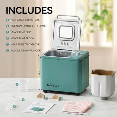 Neretva Bread Maker, 20-IN-1 2LB Bread Machine Dual Heater Bread Maker Machine Automatic with Nonstick Ceramic Pan, 15H Timer & 1H Keep Warm Set, Low Noise, Stainless Steel Breadmaker Recipe-Green - Image 7