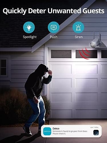 DEKCO 2 Pack Outdoor Security Camera with 2K Color Night Vision, Pan Rotating 180° Wired WiFi Camera Support 24/7 Recording, 2.4GHz WiFi, AI Human Auto Tracking, Work with Alexa/Google Assistant - Image 6