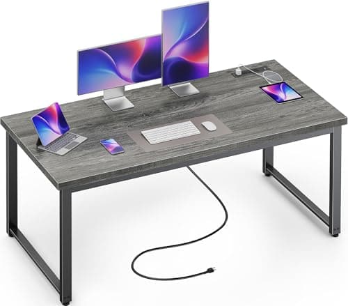 Huuger 55 x 24 inch Desk with Power Outlets & USB-C, Deeper & Thicker Desktop, Robust Metal Tubes, Computer Desk, Heavy Duty Office Desk, Work Gaming Desk for Home Office, Grey - Image 1
