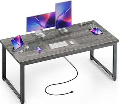 Huuger 55 x 24 inch Desk with Power Outlets & USB-C, Deeper & Thicker Desktop, Robust Metal Tubes, Computer Desk, Heavy Duty Office Desk, Work Gaming Desk for Home Office, Grey - Image 1