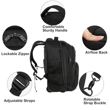 MATEIN Rolling Backpack, 17 inch Water Resistant Wheeled Laptop Backpack, Carry on Luggage Business Bag, Overnight College Computer Bag Trolley Suitcase for Men Women Adults to Travel, Black - Image 5