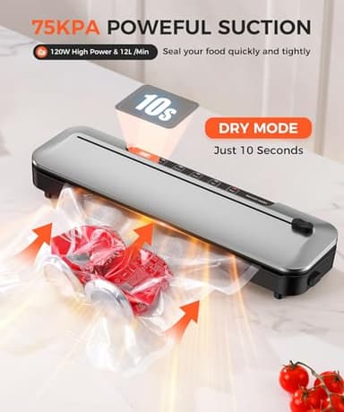 Vacuum Sealer machine,75 Kpa Precision Suction Power 6-in-1 Food Sealer with Digital Timer, Dry & Moist Food Modes, Compact Design with 10 Vacuum Bags & Built-in Cutter - Image 3