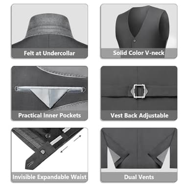 LUPURTY Suits for Men, 3 Piece Men's Suit Slim Fit, Solid Jacket Vest Pants with Tie, One Button Tuxedo Set for Business, Wedding, Dark Grey XL - Image 5