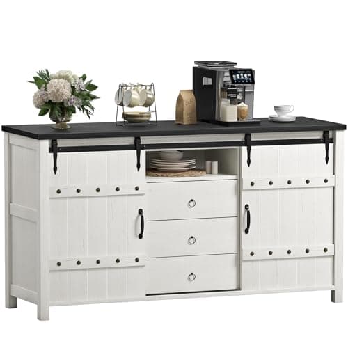 REAHOME Buffet Cabinet with Storage, 60" Sideboard Buffet Cabinet with Sliding Barn Doors & 3 Drawers, Farmhouse Wood Coffee Bar Cabinet Buffet Table for Kitchen, Dining Room,Living Room, White - Image 1