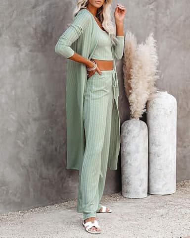 Fessceruna Womens 3 Piece Lounge Sets Pajamas Knit Long Sleeve Cardigan Crop Top Wide Leg Pants Loungewear Set - Image 6
