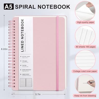 ABERLLS Pink Lined Spiral Journal Notebook with 160 Pages, 8×5.7in, A5 Spiral Notebook, Journaling Notebooks for Work, School, Women, Men, College Ruled Spiral Notebook, Hardcover Leather Journals - Image 2