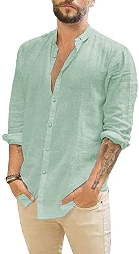 JEKAOYI Mens Casual Long Sleeve Cotton Linen Shirts Buttons Down Solid Plain Roll-Up Sleeve Summer Beach Shirts Mint Green - Image 1