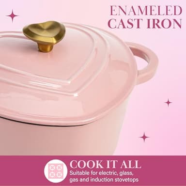 Paris Hilton Enameled Cast Iron Dutch Oven Heart-Shaped Pot with Lid, Dual Handles, Works on All Stovetops, Oven Safe to 500°F, 4-Quart, Pink - Image 2