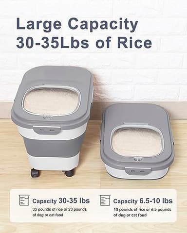 DDMOMMY 20-30 Lbs Rice Storage Container,Collapsible Food Storage Containers with Rolling Wheel Airtight Locking Lid,Flour Storage Container with Cup and Scoop,Suitable for Food,Rice,Pet Food,Flour - Image 2
