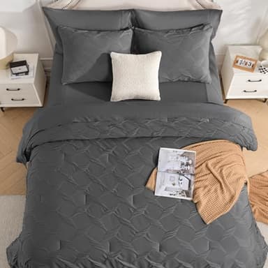Swandream Queen Bedding Comforter Set- Luxury Spandex Jacquard 7 Pieces Bed in a Bag, Lightweight Comforter with 1 Fitted Sheet, 1 Flat Sheet, 2 Pillowshams & 2 Pillowcases, Dark Grey - Image 2