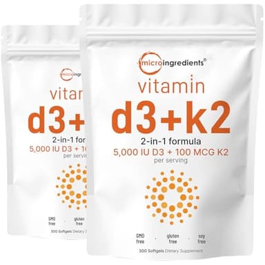 Micro Ingredients Vitamin D3 5,000 IU + K2 MK-7 100 mcg, 2 Pack (600 Softgels) | Liquid-Filled with Sunflower Oil | 2-in-1 Bone, Immune & Heart Support | Easy to Swallow, Non-GMO - Image 1