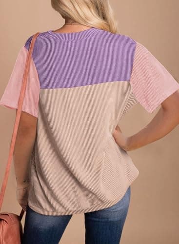 Dokotoo Womens Tops Colorblock Crewneck Short Shirt Spring Sweatshirts Business Casual Loose Ladies Clothes Shirts Summer Outfits for Women Trendy Purple Large - Image 2