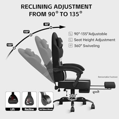 HapGIFT Gaming Chair, Computer Chair with Massage Lumbar Support, Ergonomic Gaming Chair with Footrest, High Back Adjustable Technical Fabric with Headrest, Gamer Chair for Adults (Black-White) - Image 4