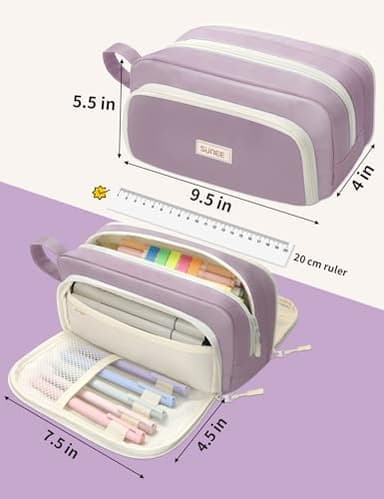 SUNEE Cute Pencil Case, Aesthetic Pen Pouch with 3 Compartments, Kawaii Colored Large Pencil Bag with Zipper, Stationery Storage and Organizer, Purple School Supplies for Teen and Adult Girls - Image 4
