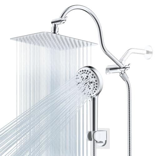 Hibbent All Metal Shower Head, 10'' High Pressure Rainfall Shower Head/Handheld Showerhead Combo with 12'' Adjustable Curve Shower Extension Arm, 10 Sprays, 71'' Shower Hose, Showerhead Holder, Chrome - Image 1