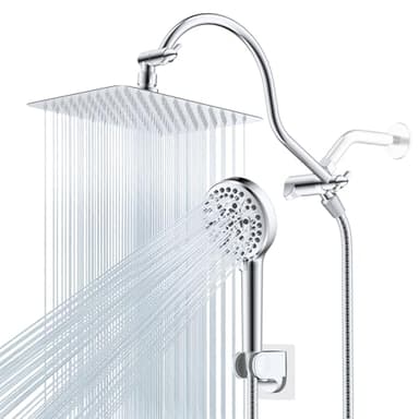 Hibbent All Metal Shower Head, 10'' High Pressure Rainfall Shower Head/Handheld Showerhead Combo with 12'' Adjustable Curve Shower Extension Arm, 10 Sprays, 71'' Shower Hose, Showerhead Holder, Chrome - Image 1
