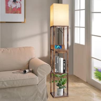 RUNTOP Floor Lamp with Shelves, Shelf Floor Lamp with Wireless Charger & 2 Charging USB Ports & Drawer, AC Outlet, 3 Color Temperature Tall Standing Lamp with Bulb for Living Room, Bedroom, Office - Image 8