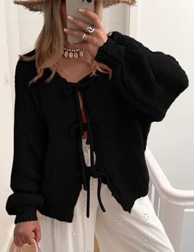 PRETTYGARDEN Women's Tie Front Bow Cardigan Sweaters Chunky Knit Long Puff Sleeve Trendy Fall Winter Jacket Coats (Black,X-Large) - Image 8