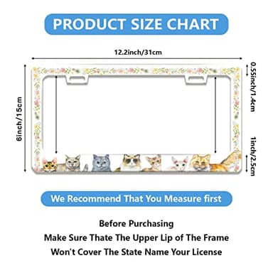 Personalized License Plate Frame Stainless Steel Cute Cat Flower Car License Plate Accessory Decorative 2 Holes and Screws Fits US Standard License Plates Size: 12.2 x 6.3 in - Image 2