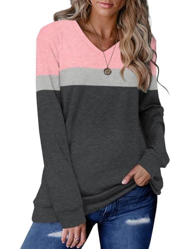 CRAZY GRID Womens Long Sleeve Tops Casual Fashion V Neck Sweatshirt Ladies Soft Loose Fit Color Block Fall Shirts Lightweight Plus Size Oversized 3XL Pink Gray - Image 1