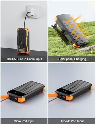 MINRISE Solar Charger Power Bank, 40000mAh Portable Charger PD 20W Fast Charging Solar Power Bank Built in 4 Cables and USB-C in/Output, Camping Essentials External Battery Pack with Flashlights - Image 4