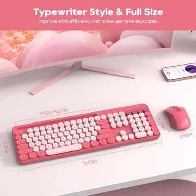 Wireless Keyboard and Mouse Combo, Retro Round Keycaps, Cute Full-Size Typewriter Keyboard with Phone Holder, Sleep Mode, Click Soft, 2.4GHz Cordless Connection for Windows/PC/Laptop (Pink-Colorful) - Image 7