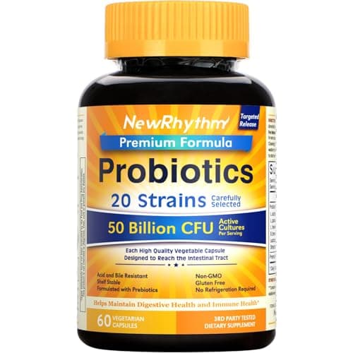 NewRhythm Probiotics 50 Billion CFU 20 Strains, 60 Veggie Capsules, Targeted Release Technology, Stomach Acid Resistant, No Need for Refrigeration, Non-GMO, Gluten Free - Image 1