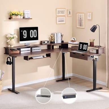 RedLemon 75X60 Inches L Shaped Electric Standing Desk, Height Adjustable Corner Gaming Desk with Drawers, Keyboard Tray, Power Outlets & LED Lights, Computer Desk with Monitor Shelf, Dark Walnut - Image 7