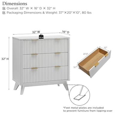 T4TREAM 32" Tall Fluted Nightstand Set of 2, Modern Side Table with Faux Marble Top, 3 Drawers End Table w/Storage, Bedside Table for Bedroom, Living Room, Curved Profile Design, Solid White - Image 3