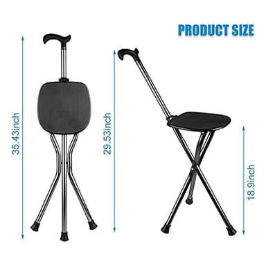Hold 440 lbs Walking Cane Seat Folding Stick Height Adjustment 440 lbs Capacity Cane with Seat Tripod Stool Hiking Walking Massage Square Black - Image 3