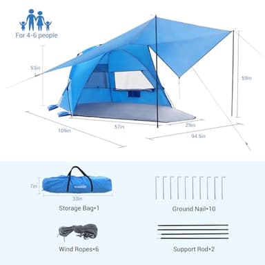 Elegear Beach Tent with 360° Removable Canopy, 4-6 Person Pop Up Sun Shade Shelter, UPF 50+ Automated Installation Double Silver Coating Portable Lightweight Beach Cabana for Beach/Camping/Outdoor - Image 8